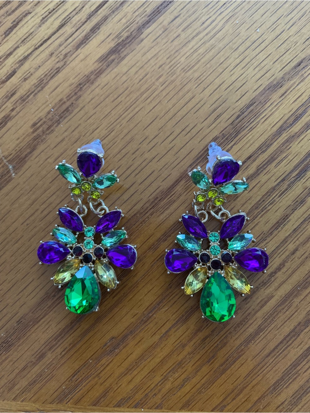 Vibrant Multicolor Crystal Drop Earrings - Green & Purple - Great for Mardi Gras